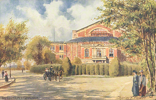 The Bayreuth Festspielhaus at the turn of the last century, postcard (designed by Charles F. Flower) Raphael Tuck & Sons »Oilette« (series »Bayreuth«, no. 642). – Max-Reger-Institut, Karlsruhe.