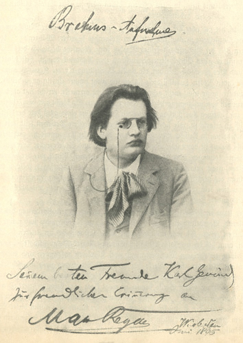 Portrait of 23-year-old Reger, a copy of which he sent to , copy with dedication (»Seinem besten Freunde Karl Gemünd | zur freundlichen Erinnerung an | Max Reger«), dated Wiesbaden, June 1896. – Published in , no. 12 (July 1934), title page.